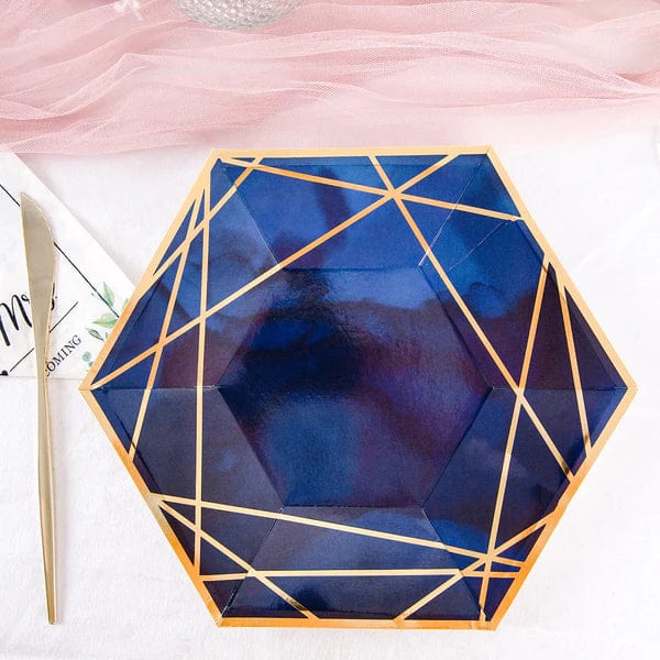 25 Navy Blue Hexagon Disposable Salad Paper Plates with Gold Trim