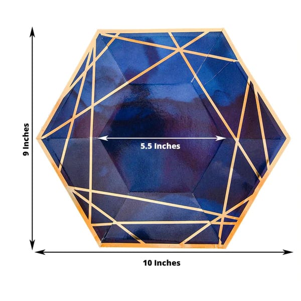 25 Navy Blue Hexagon Disposable Salad Paper Plates with Gold Trim