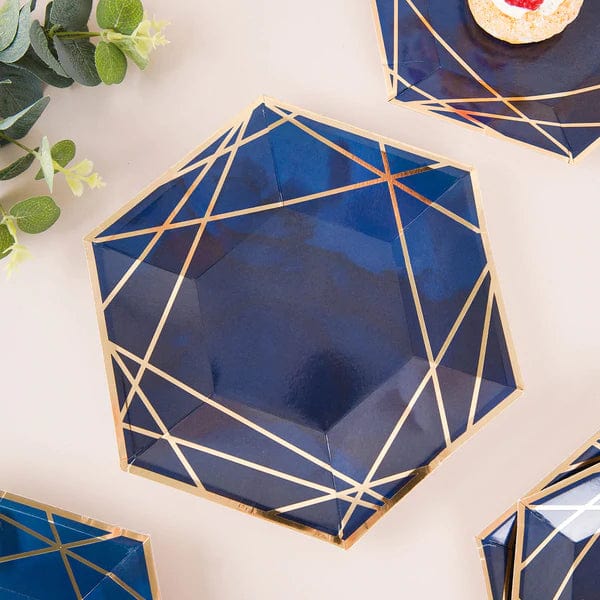 25 Navy Blue Hexagon Disposable Salad Paper Plates with Gold Trim