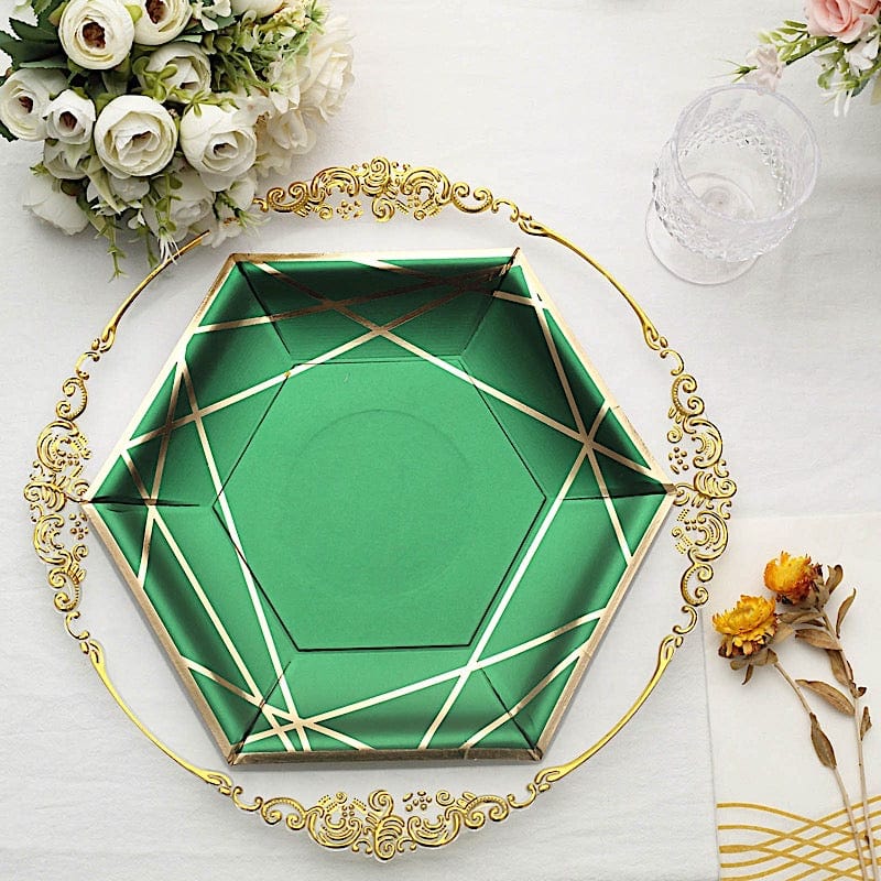 25 Navy Blue Hexagon Disposable Salad Paper Plates with Gold Trim