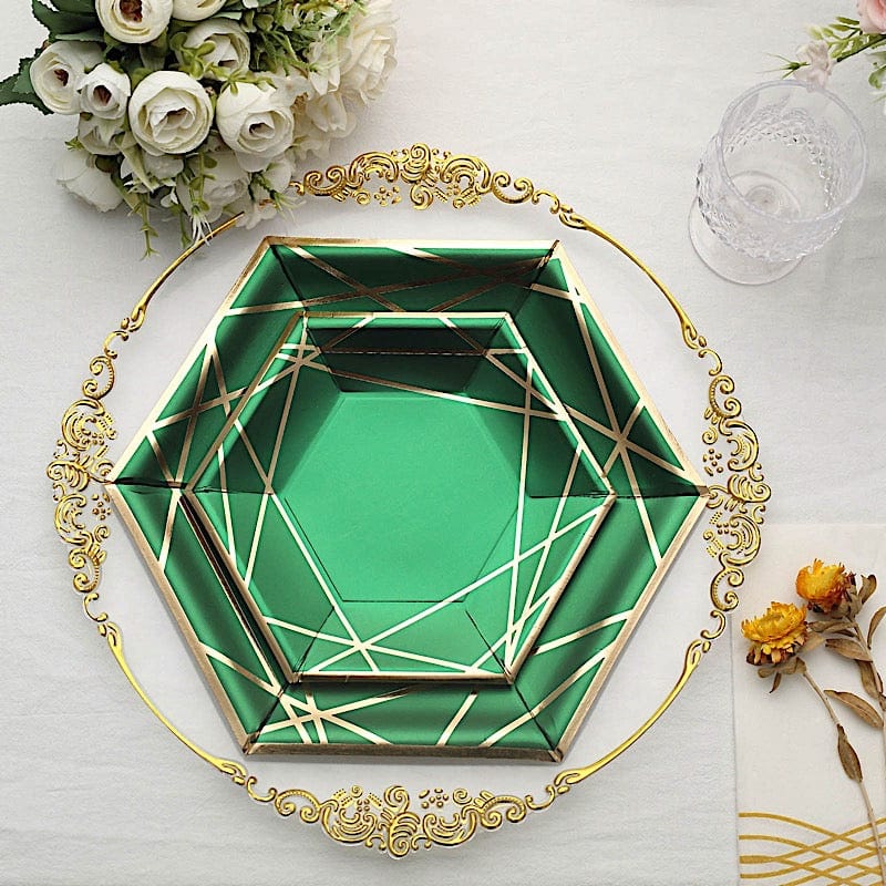 25 Navy Blue Hexagon Disposable Salad Paper Plates with Gold Trim