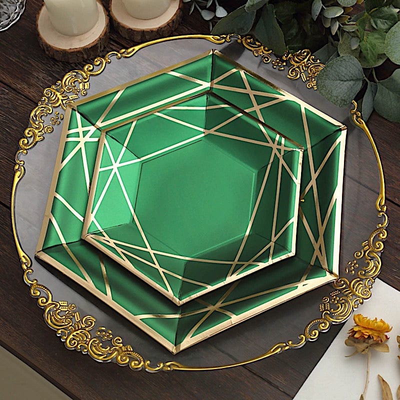 25 Navy Blue Hexagon Disposable Salad Paper Plates with Gold Trim