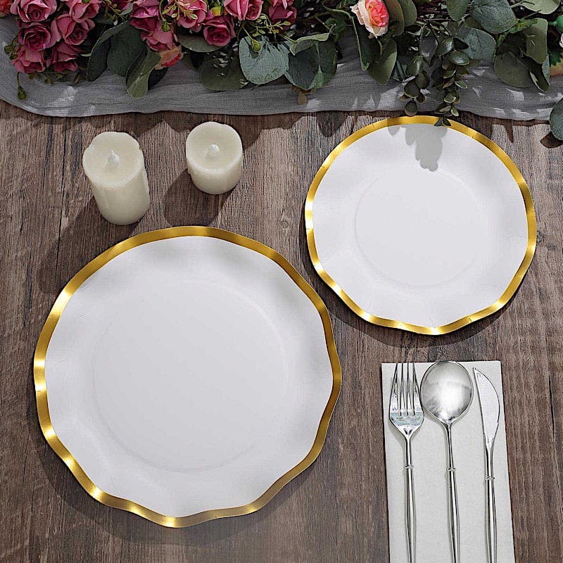 25 Round Disposable Dinner Salad Paper Plates with Gold Wavy Trim