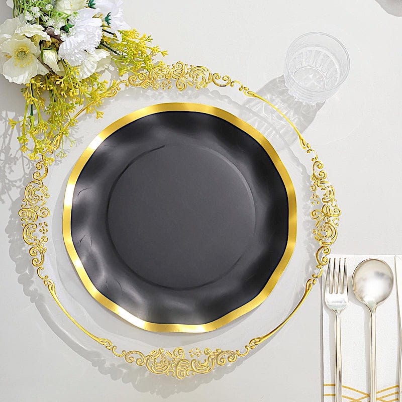 25 Round Disposable Dinner Salad Paper Plates with Gold Wavy Trim