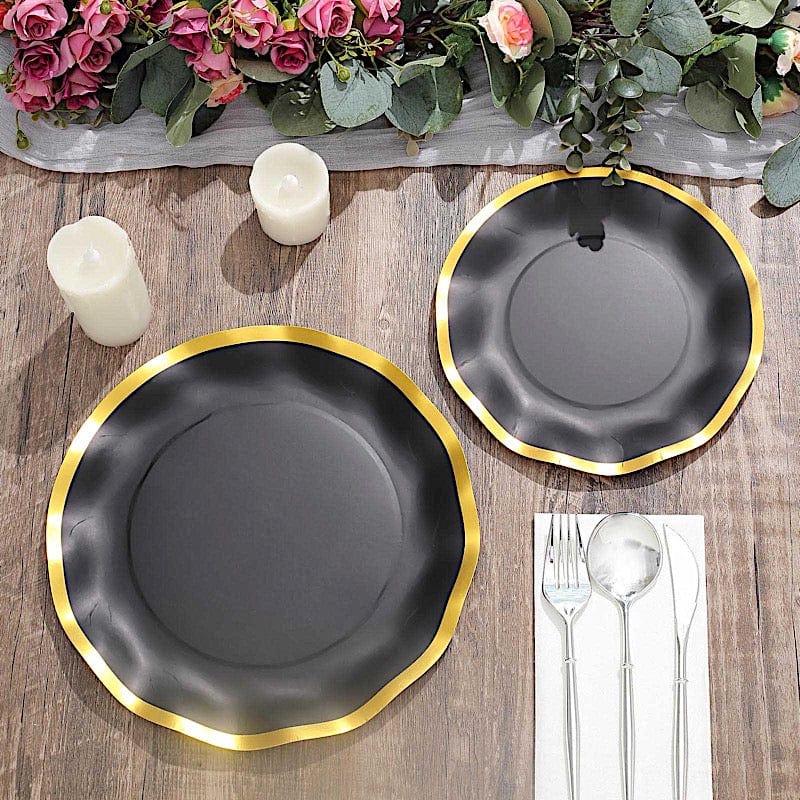25 Round Disposable Dinner Salad Paper Plates with Gold Wavy Trim