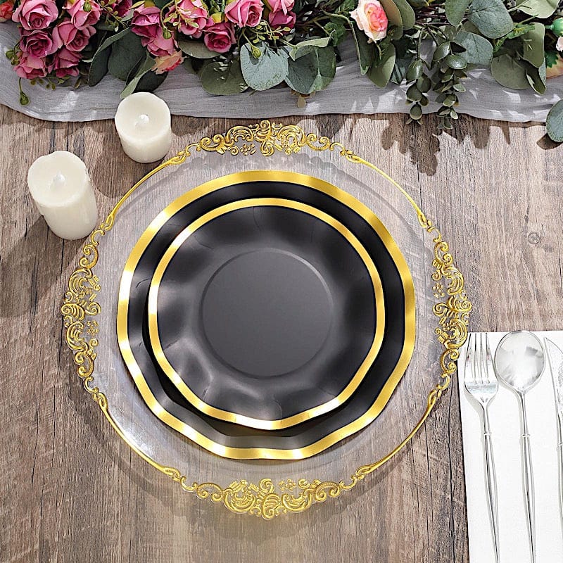 25 Round Disposable Dinner Salad Paper Plates with Gold Wavy Trim
