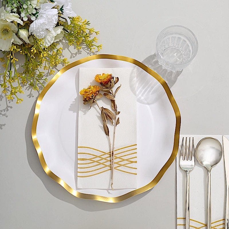 25 Round Disposable Dinner Salad Paper Plates with Gold Wavy Trim