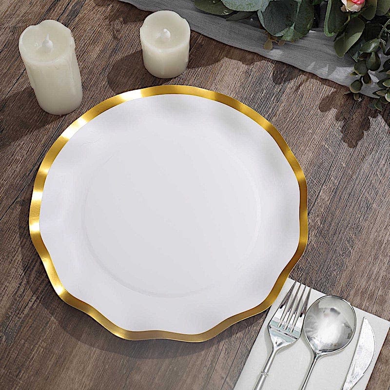 25 Round Disposable Dinner Salad Paper Plates with Gold Wavy Trim