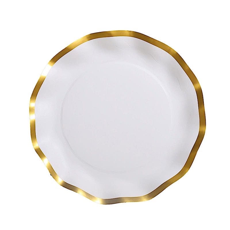25 Round Disposable Dinner Salad Paper Plates with Gold Wavy Trim