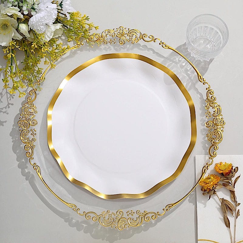 25 Round Disposable Dinner Salad Paper Plates with Gold Wavy Trim