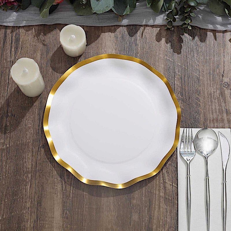 25 Round Disposable Dinner Salad Paper Plates with Gold Wavy Trim
