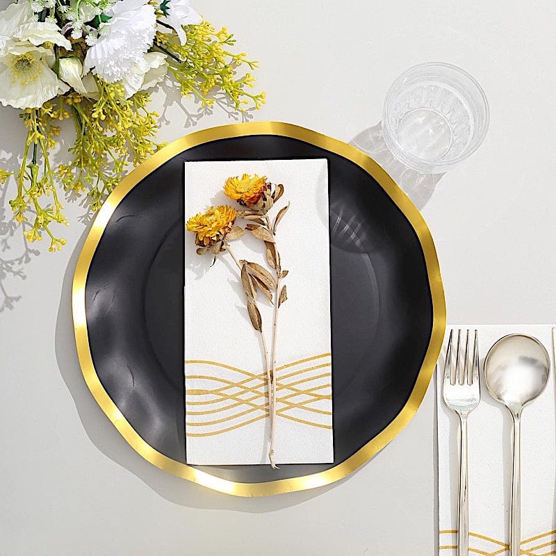 25 Round Disposable Dinner Salad Paper Plates with Gold Wavy Trim