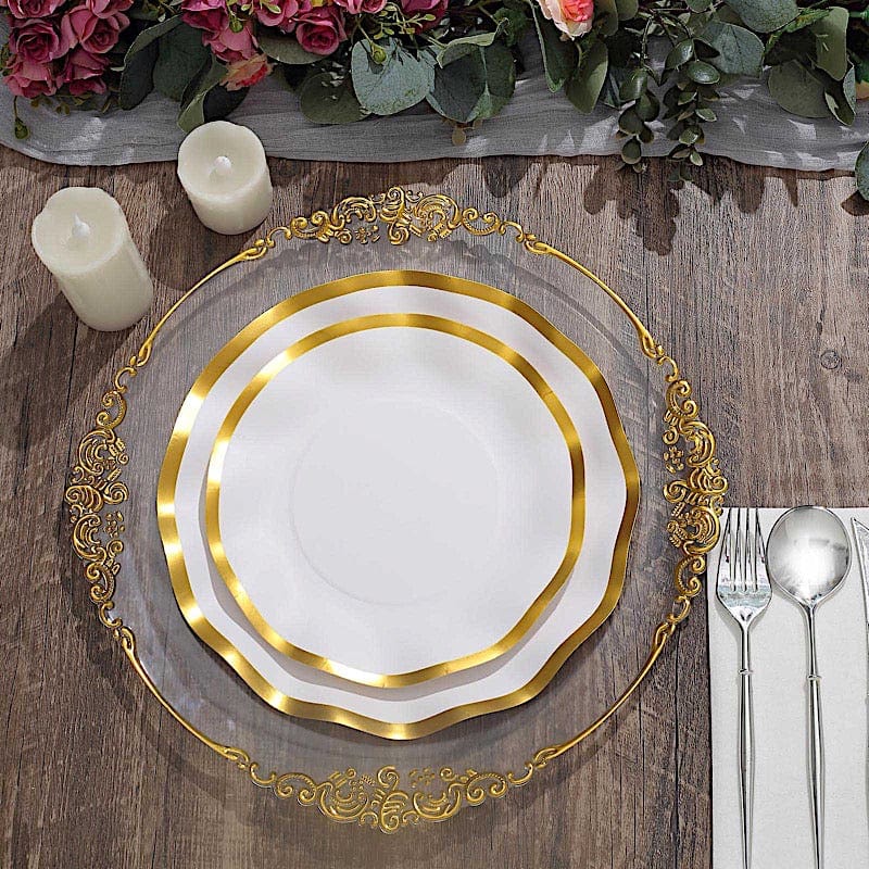 25 Round Disposable Dinner Salad Paper Plates with Gold Wavy Trim