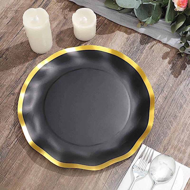 25 Round Disposable Dinner Salad Paper Plates with Gold Wavy Trim