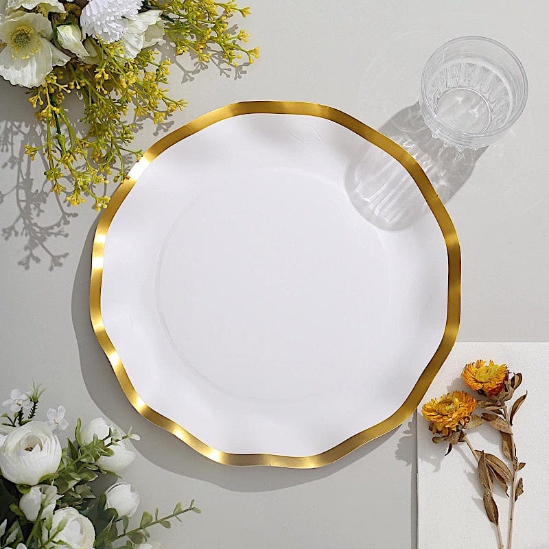 25 Round Disposable Dinner Salad Paper Plates with Gold Wavy Trim