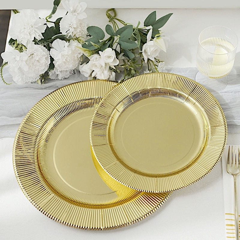 25 Round Metallic Disposable Dinner Salad Paper Plates with Textured Trim
