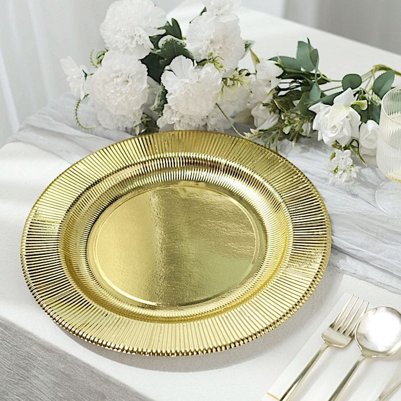 25 Round Metallic Disposable Dinner Salad Paper Plates with Textured Trim