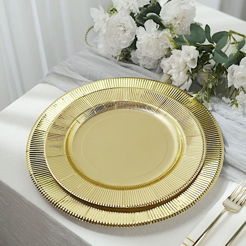 25 Round Metallic Disposable Dinner Salad Paper Plates with Textured Trim