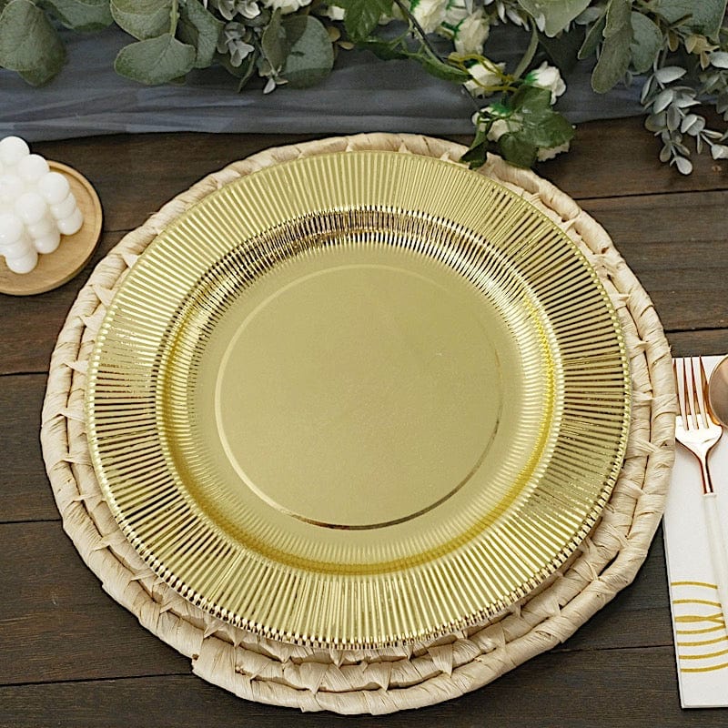25 Round Metallic Disposable Dinner Salad Paper Plates with Textured Trim