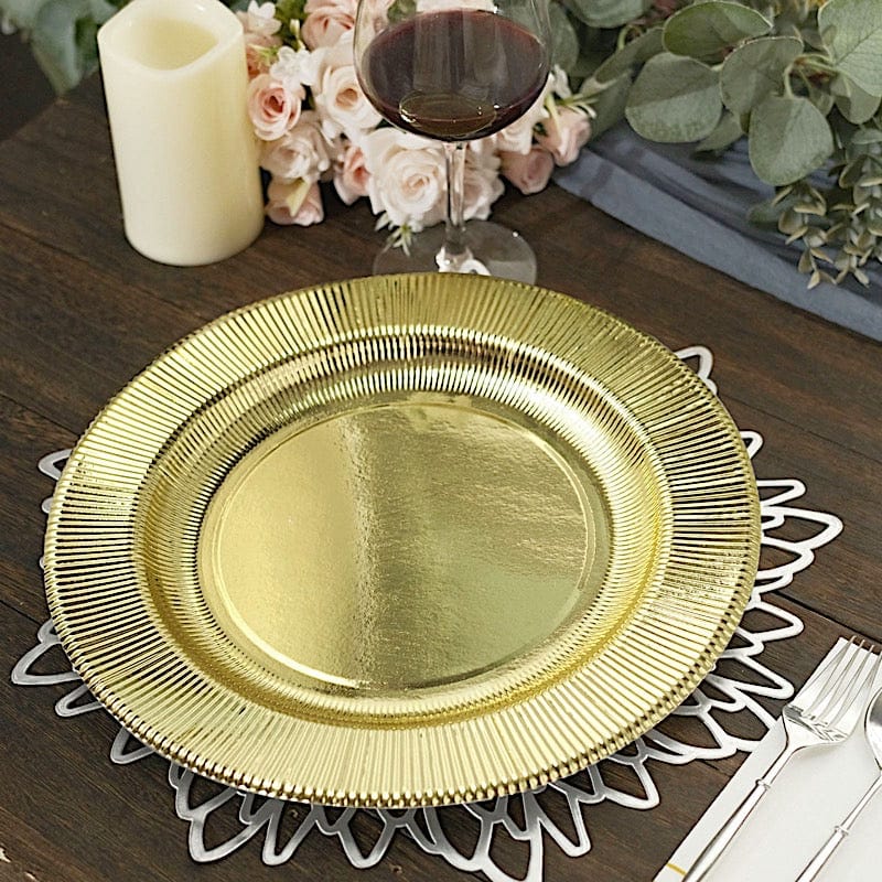 25 Round Metallic Disposable Dinner Salad Paper Plates with Textured Trim