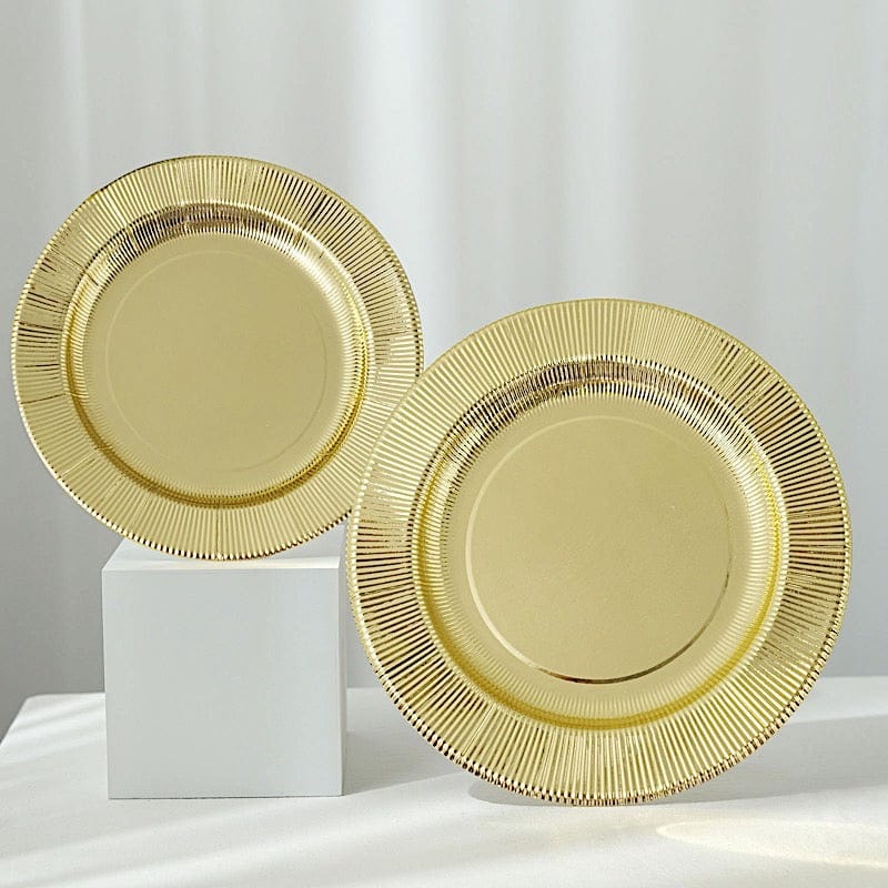 25 Round Metallic Disposable Dinner Salad Paper Plates with Textured Trim