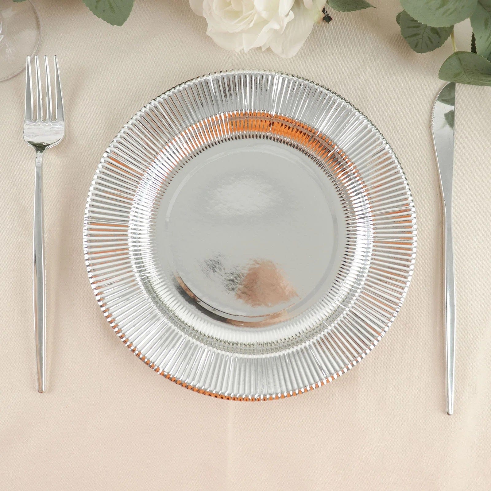25 Round Metallic Disposable Dinner Salad Paper Plates with Textured Trim