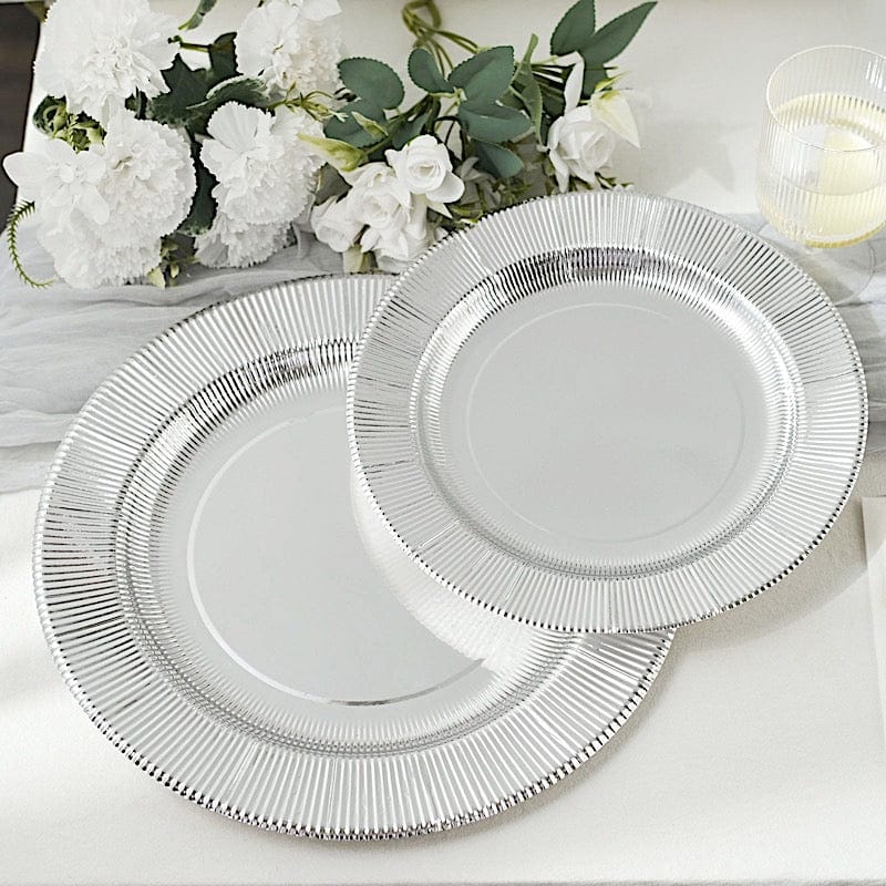 25 Round Metallic Disposable Dinner Salad Paper Plates with Textured Trim