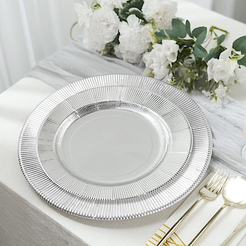 25 Round Metallic Disposable Dinner Salad Paper Plates with Textured Trim