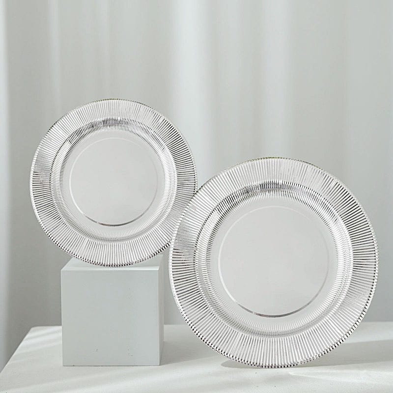 25 Round Metallic Disposable Dinner Salad Paper Plates with Textured Trim