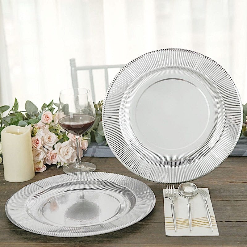 25 Round Metallic Disposable Dinner Salad Paper Plates with Textured Trim