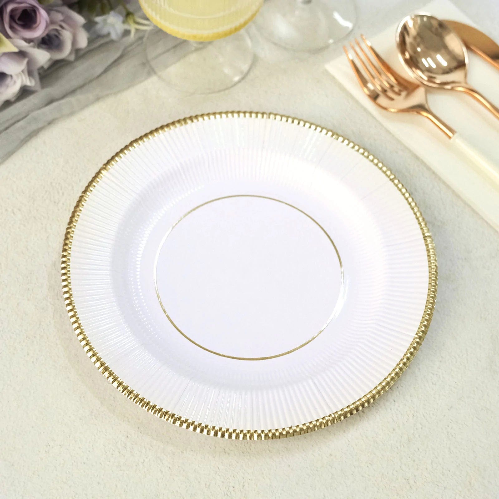 25 Round Metallic Disposable Dinner Salad Paper Plates with Textured Trim