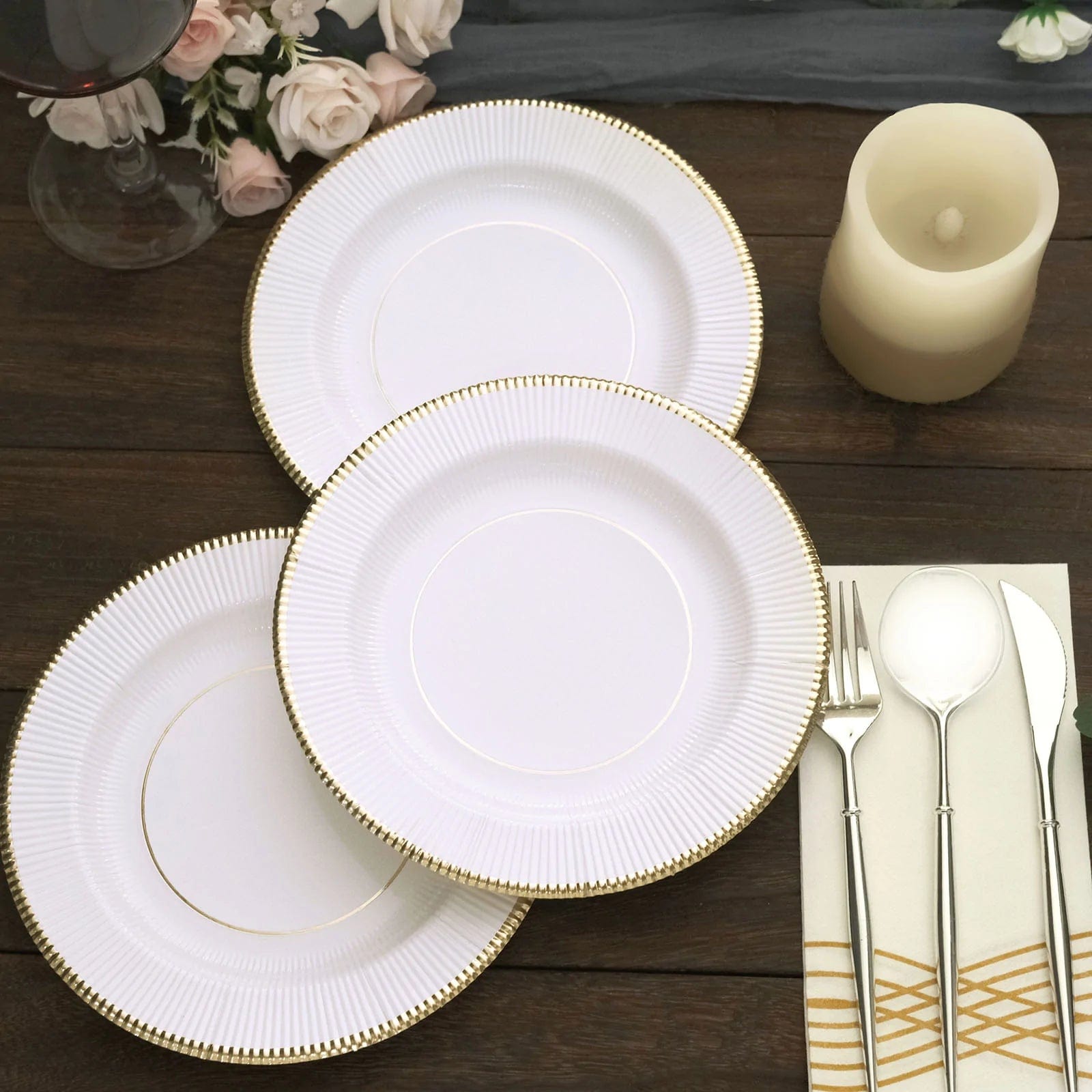 25 Round Metallic Disposable Dinner Salad Paper Plates with Textured Trim