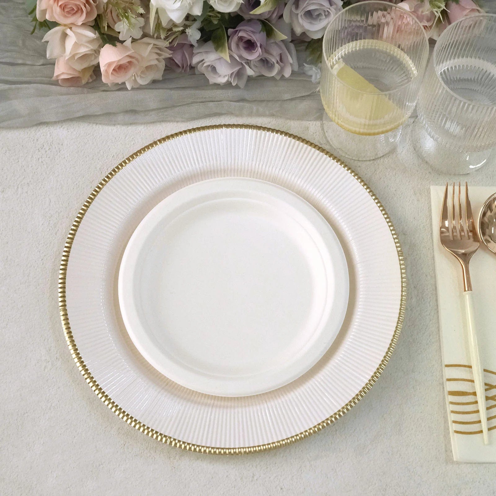 25 Round Metallic Disposable Dinner Salad Paper Plates with Textured Trim