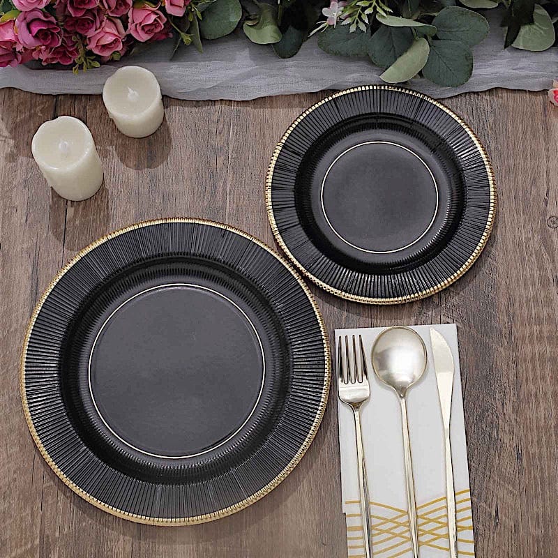 25 Round Metallic Disposable Dinner Salad Paper Plates with Textured Trim