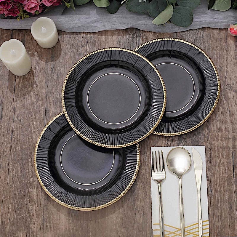 25 Round Metallic Disposable Dinner Salad Paper Plates with Textured Trim