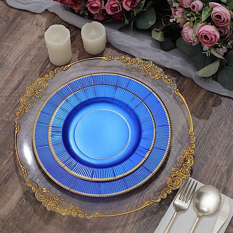 25 Round Metallic Disposable Dinner Salad Paper Plates with Textured Trim