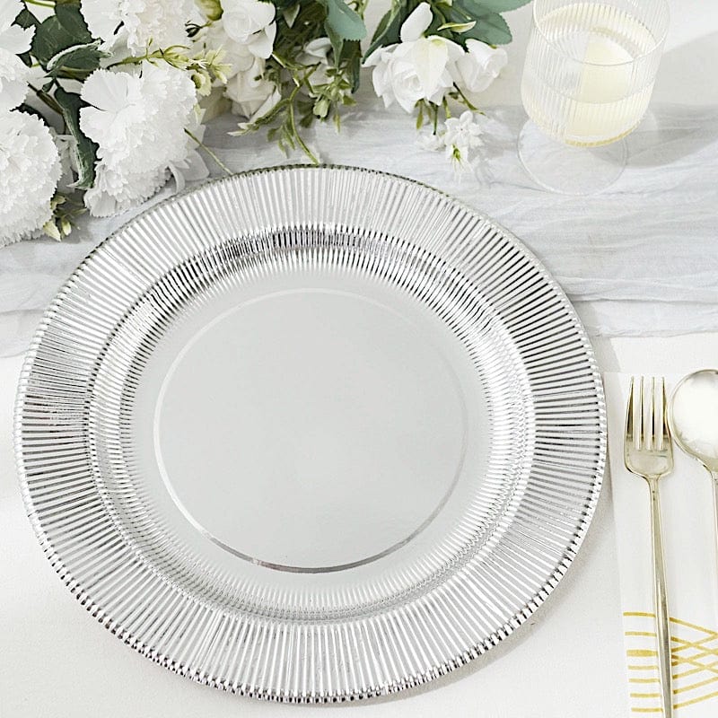 25 Round Metallic Disposable Dinner Salad Paper Plates with Textured Trim