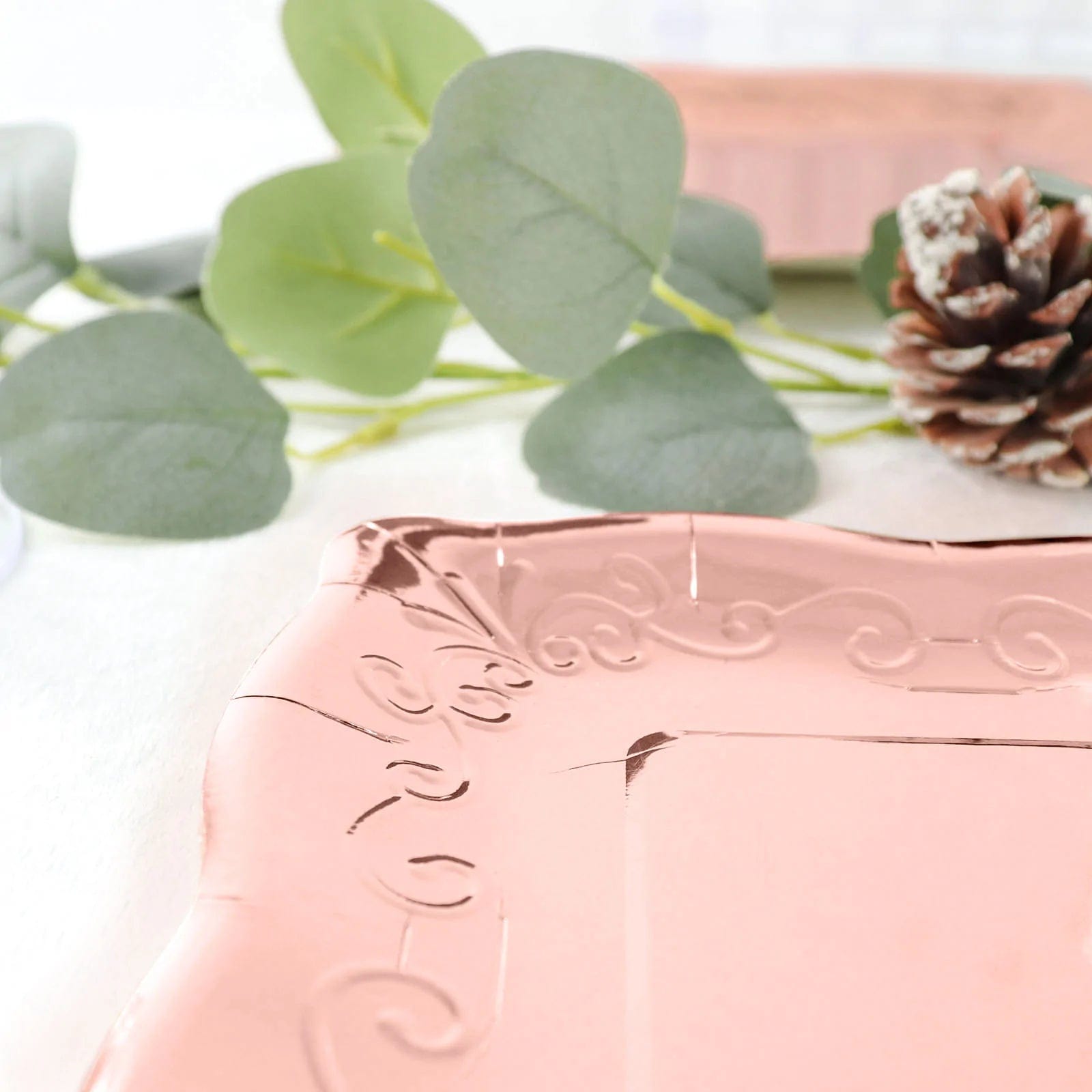 25 Square Disposable Dinner Dessert Paper Plates with Embossed Scroll Trim