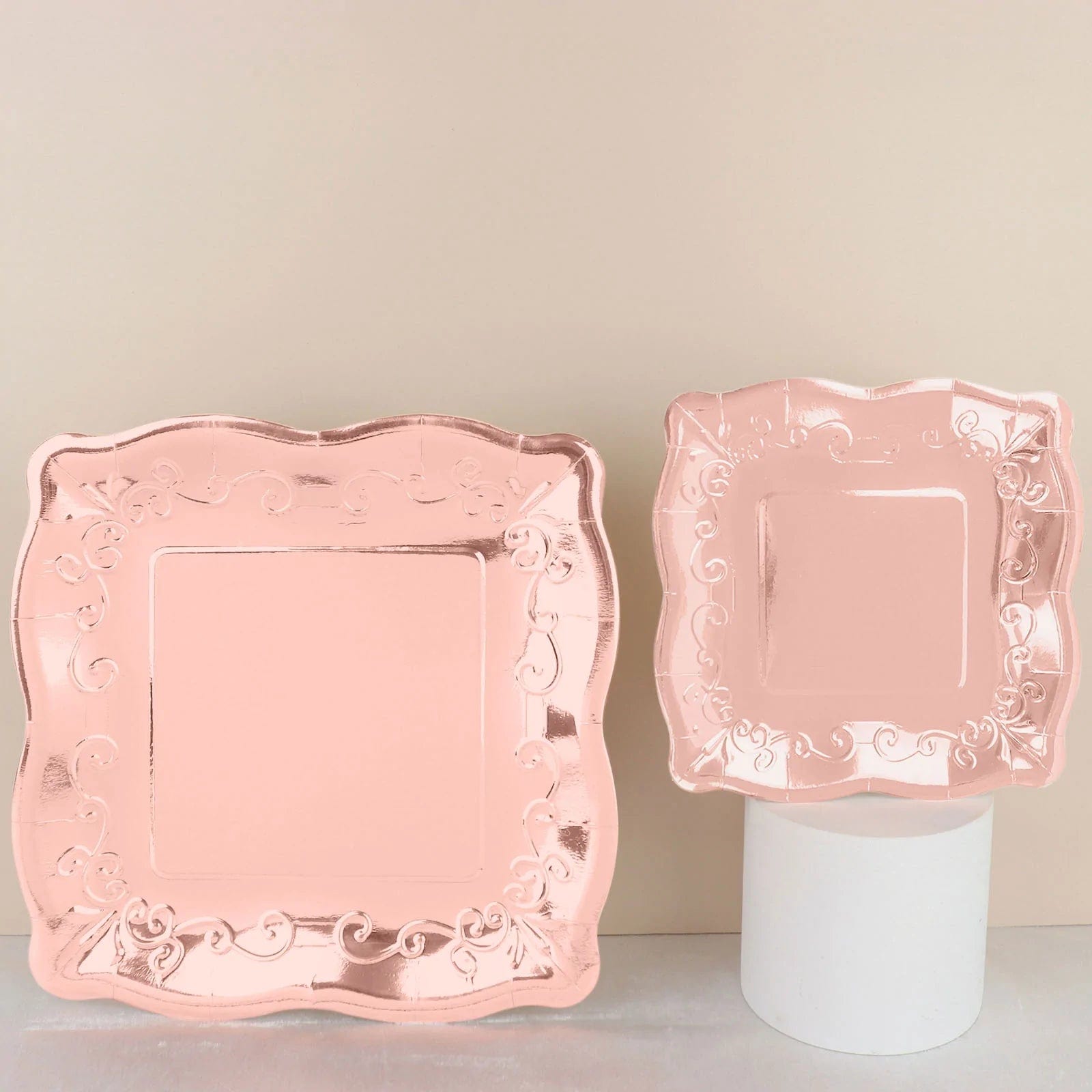 25 Square Disposable Dinner Dessert Paper Plates with Embossed Scroll Trim