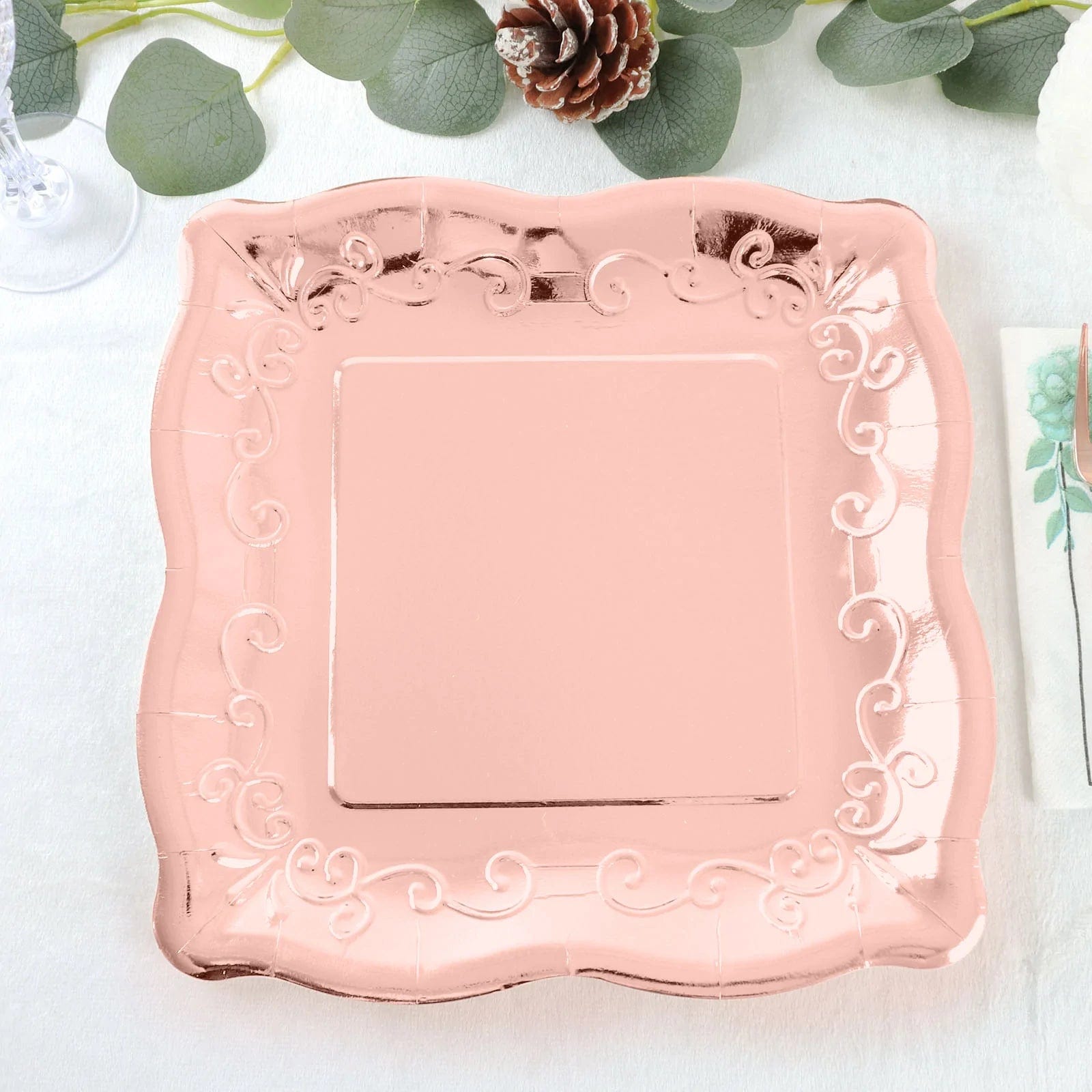 25 Square Disposable Dinner Dessert Paper Plates with Embossed Scroll Trim