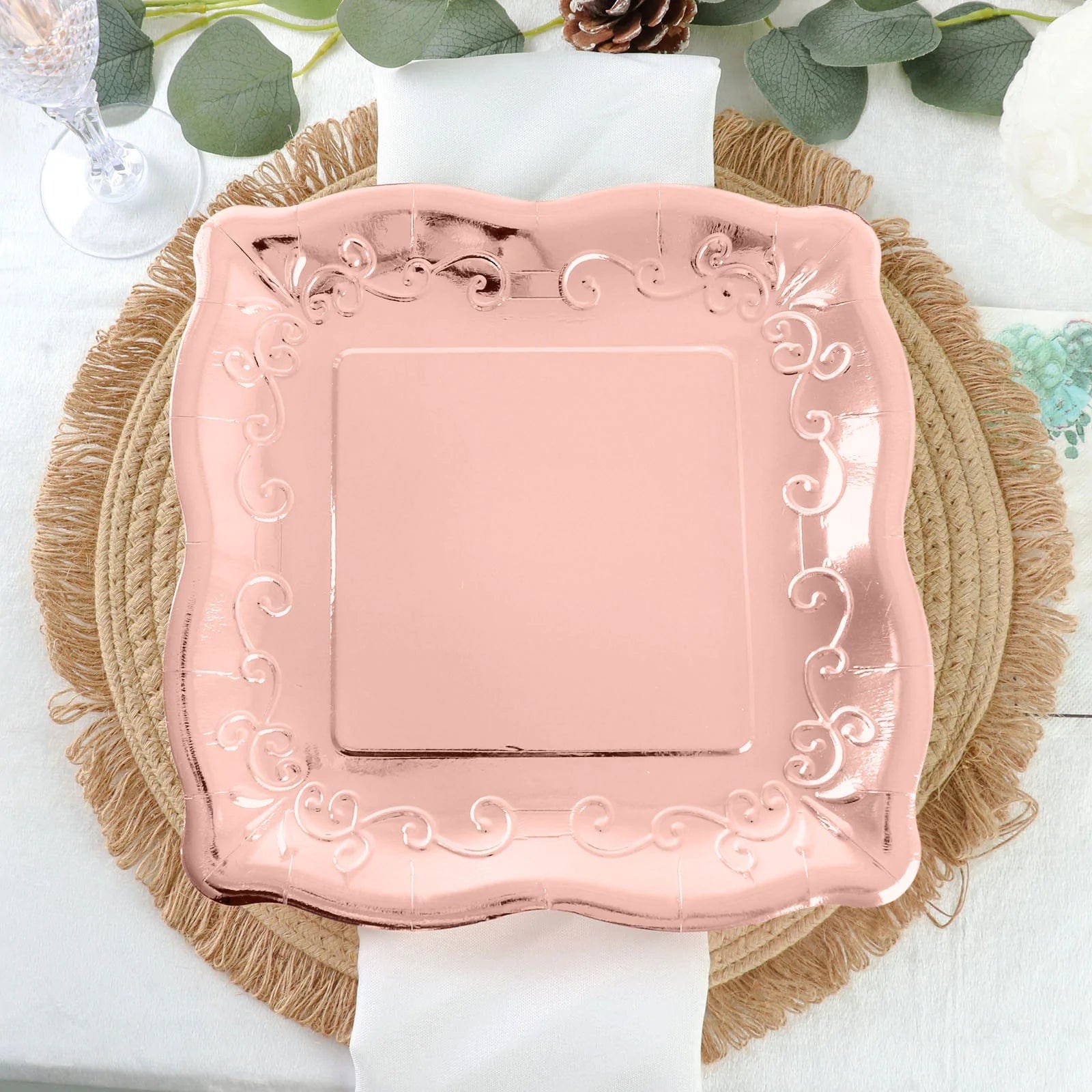 25 Square Disposable Dinner Dessert Paper Plates with Embossed Scroll Trim