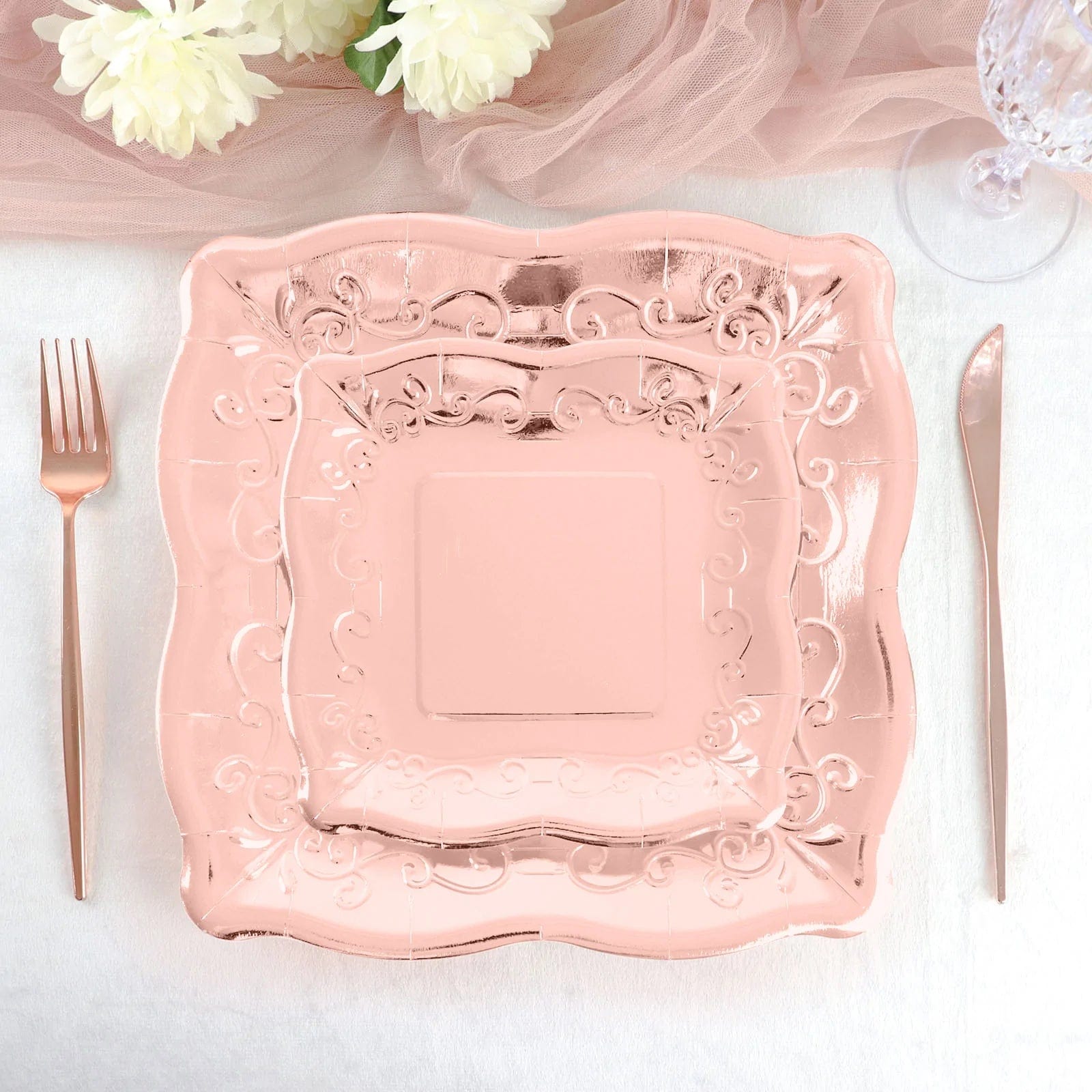 25 Square Disposable Dinner Dessert Paper Plates with Embossed Scroll Trim