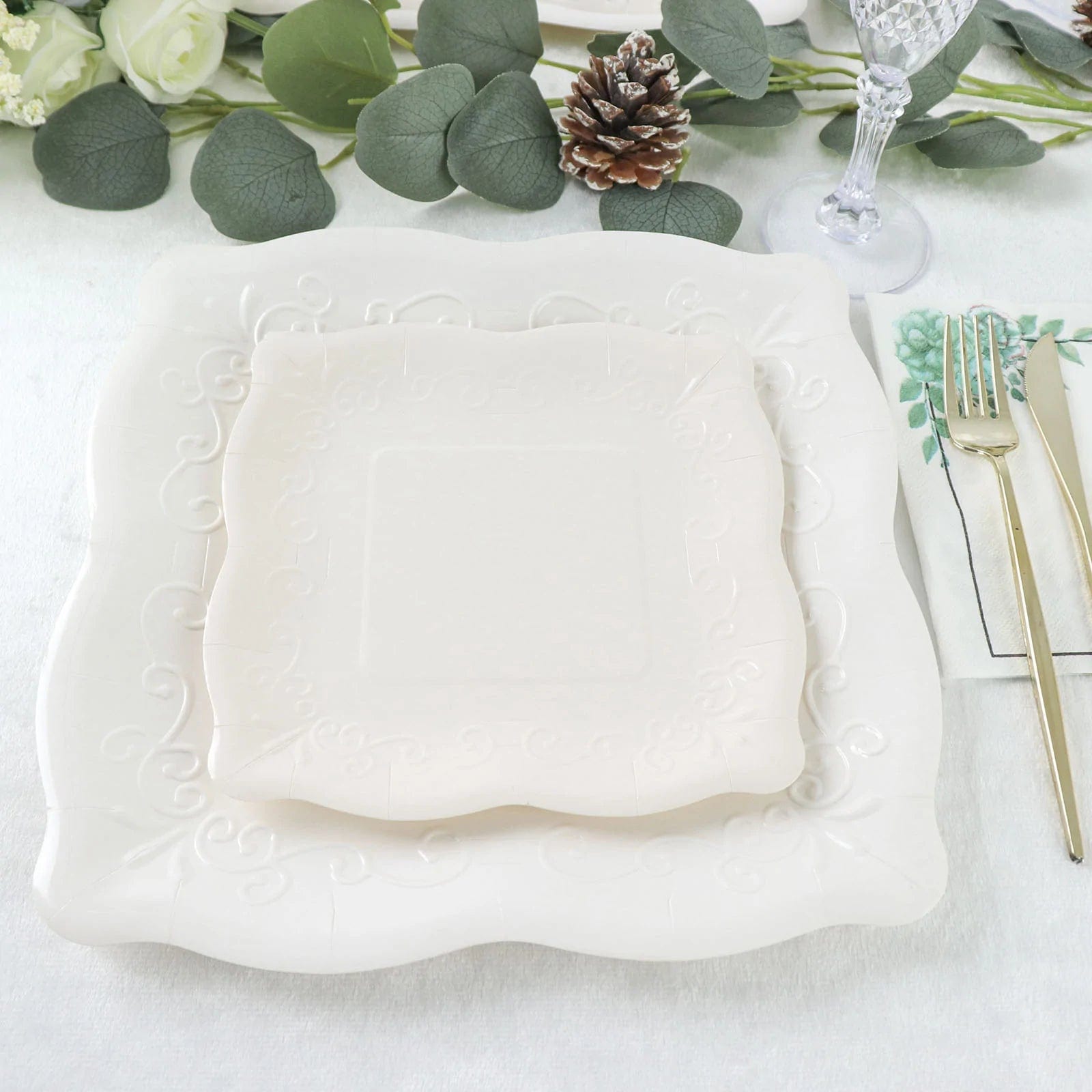 25 Square Disposable Dinner Dessert Paper Plates with Embossed Scroll Trim