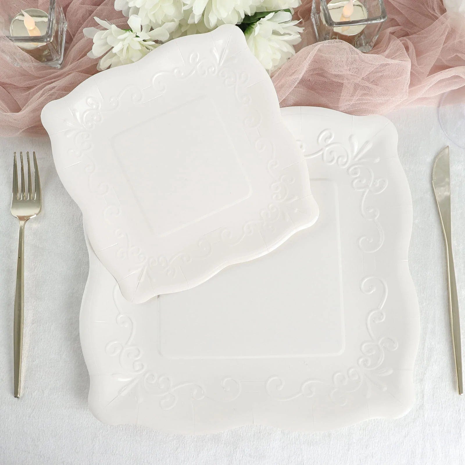 25 Square Disposable Dinner Dessert Paper Plates with Embossed Scroll Trim