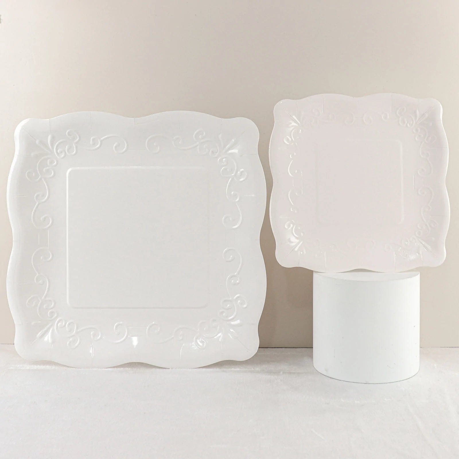25 Square Disposable Dinner Dessert Paper Plates with Embossed Scroll Trim