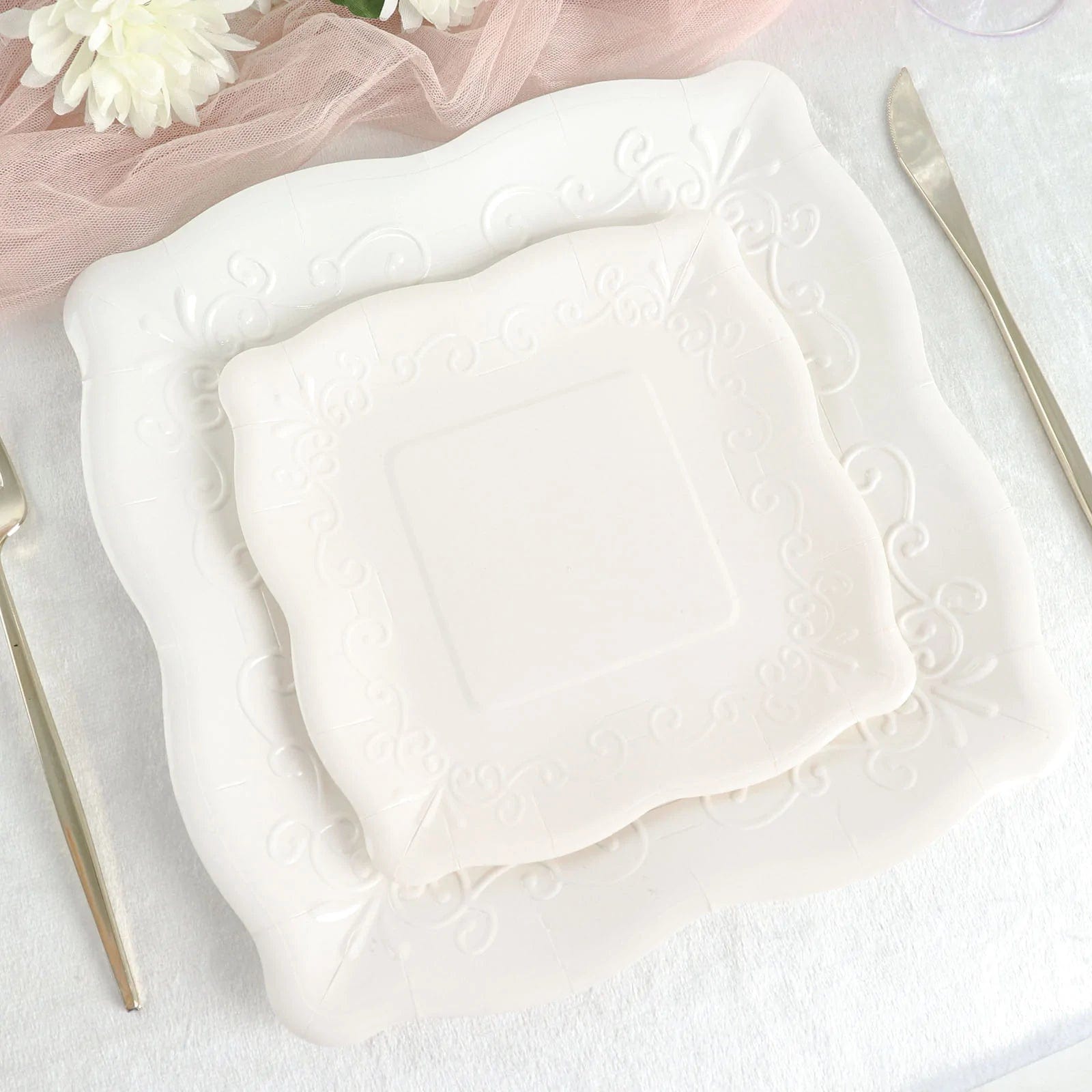 25 Square Disposable Dinner Dessert Paper Plates with Embossed Scroll Trim