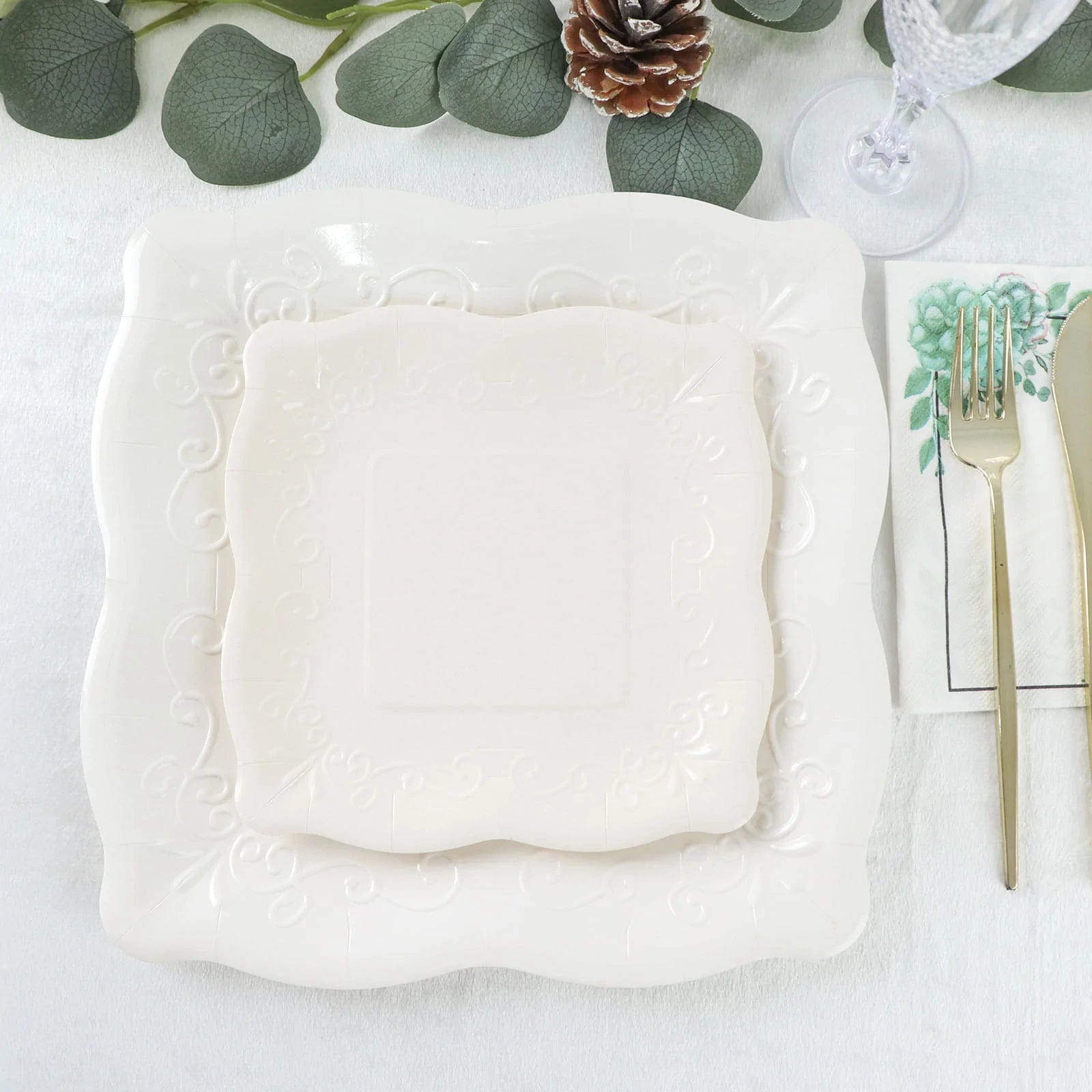 25 Square Disposable Dinner Dessert Paper Plates with Embossed Scroll Trim