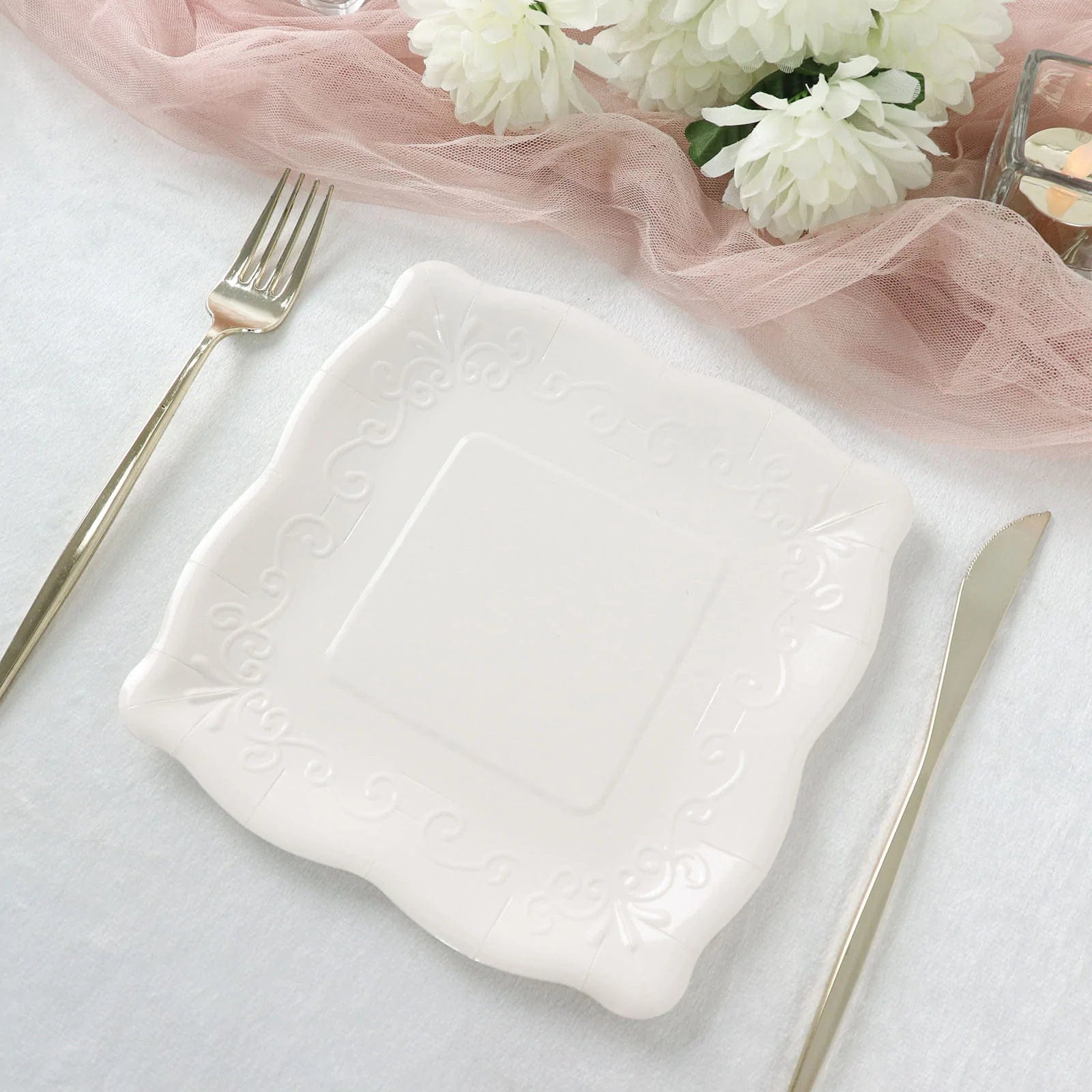25 Square Disposable Dinner Dessert Paper Plates with Embossed Scroll Trim
