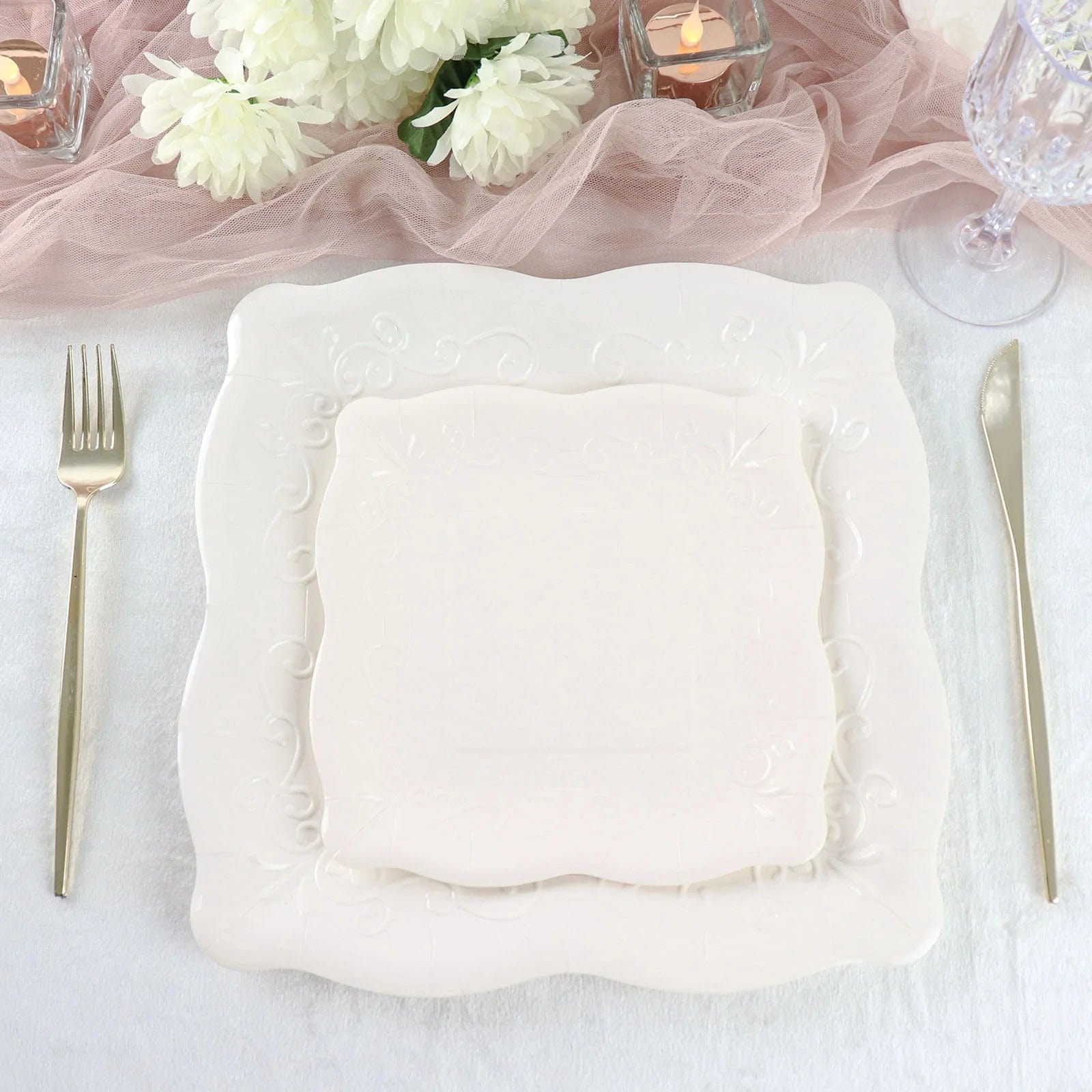 25 Square Disposable Dinner Dessert Paper Plates with Embossed Scroll Trim