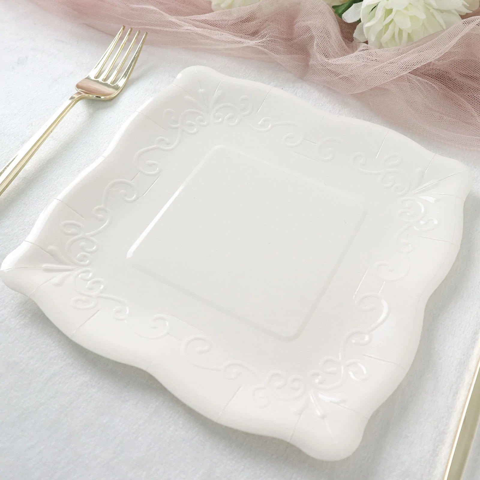 25 Square Disposable Dinner Dessert Paper Plates with Embossed Scroll Trim